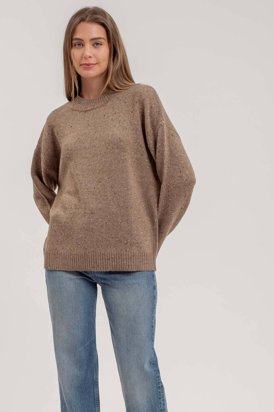 SPECKLE KNIT MOCK NECK LONG SLEEVE SWEATER