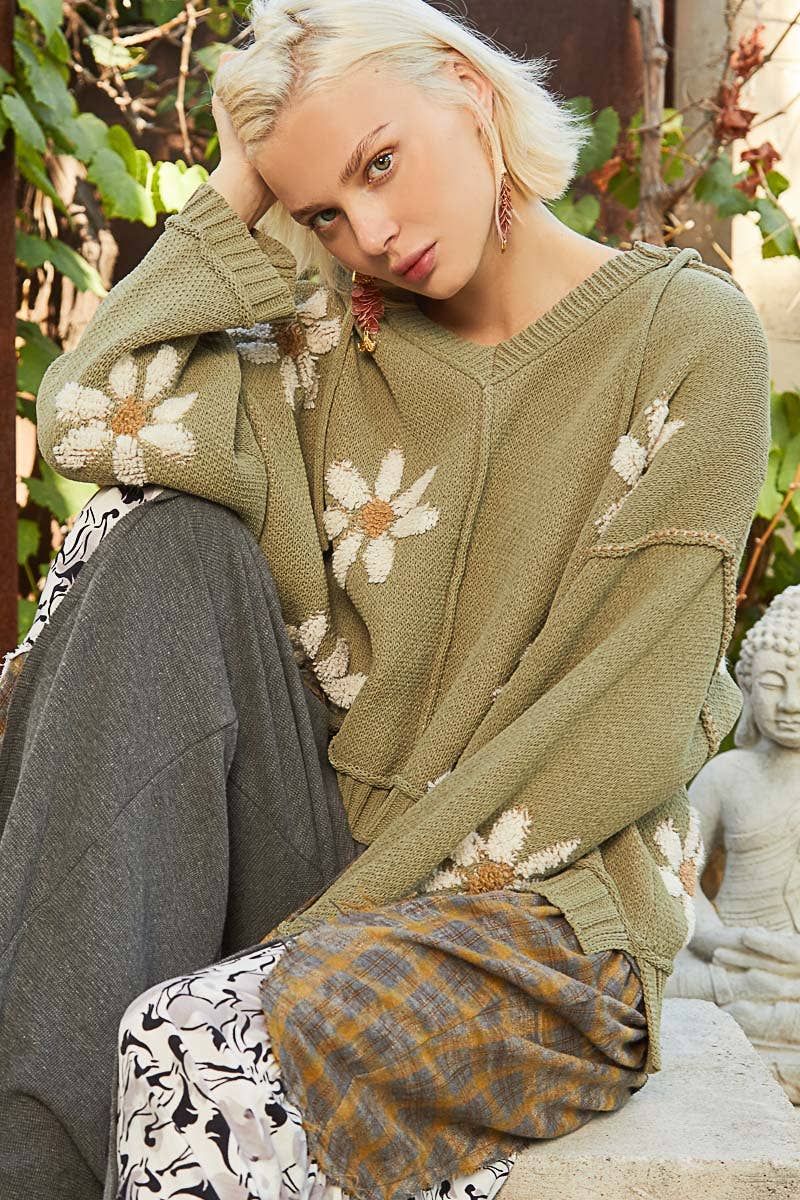 Hooded v-neck floral pattern ribbed openings sweater SALE