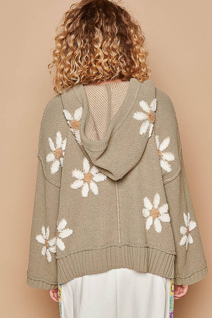 Hooded v-neck floral pattern ribbed openings sweater SALE