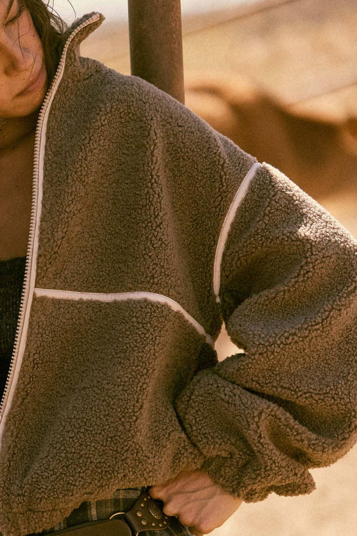 Faux Leather-Trimmed Sherpa Fleece Zip-Up Jacket