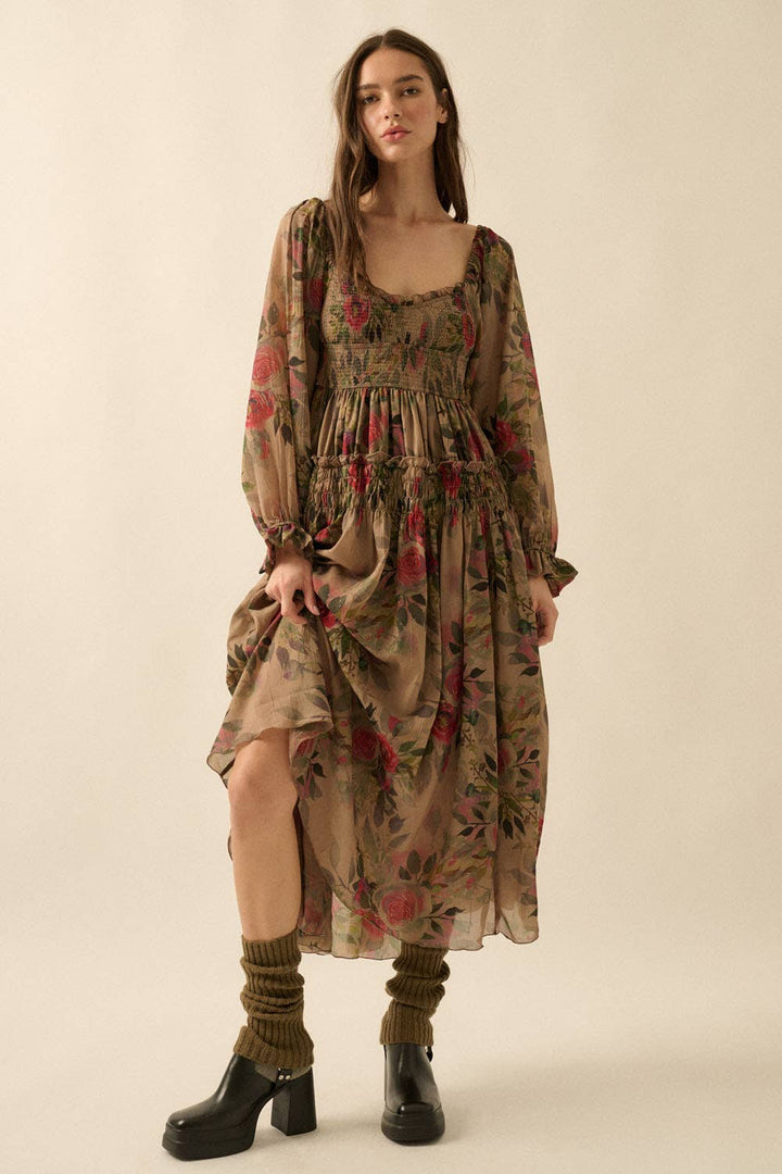 Floral-Print Smocked Bubble Sleeve Maxi Dress