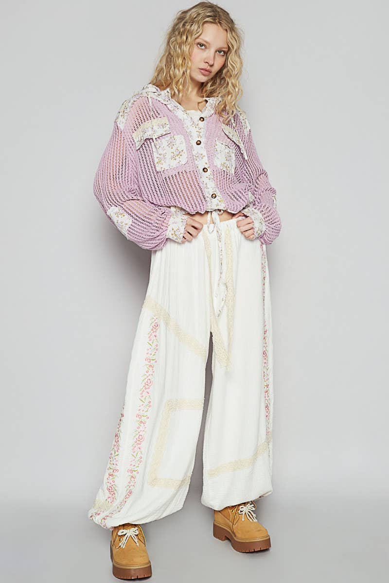 Vintage washed floral print patch crochet jacket
