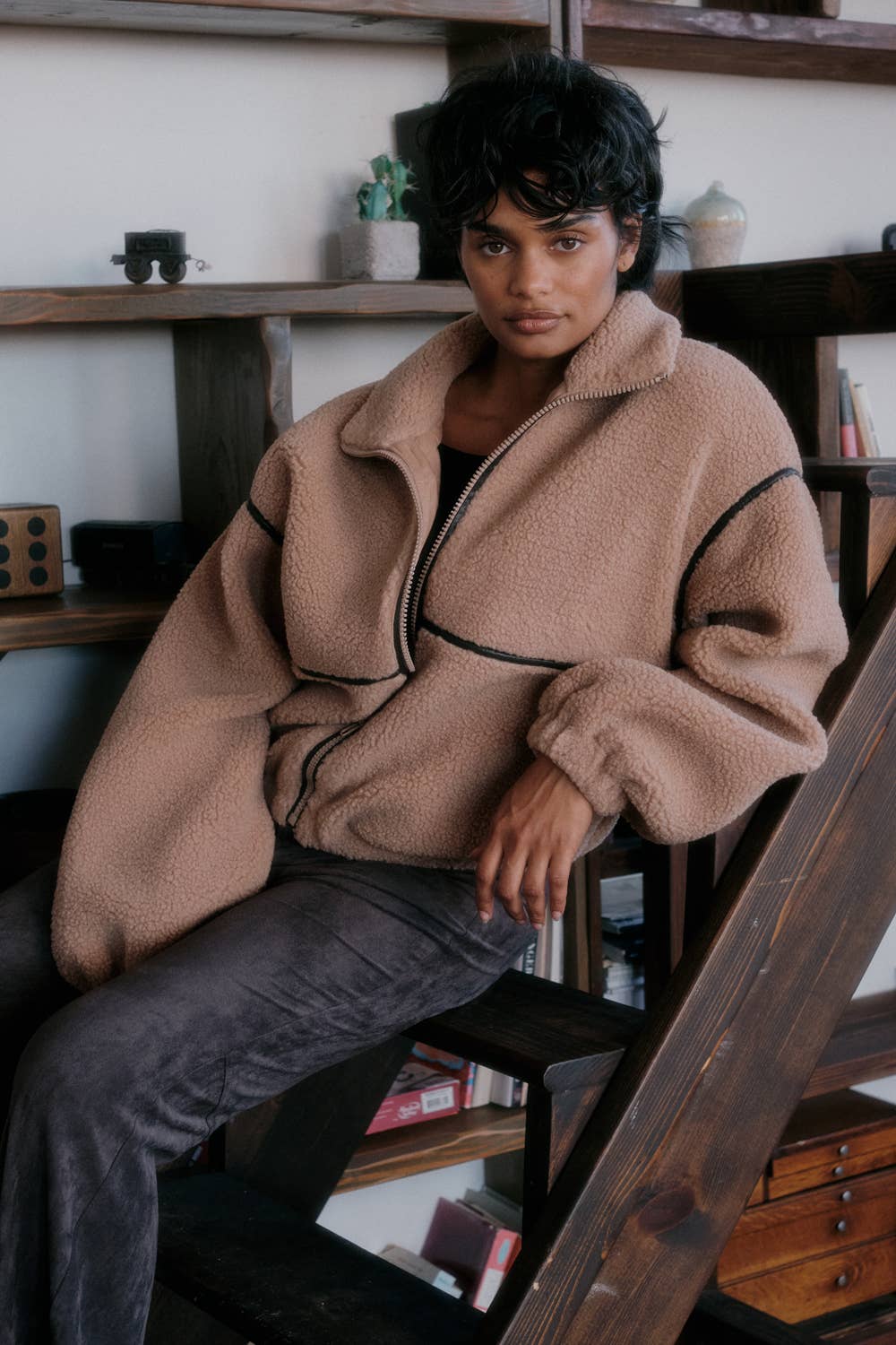 Faux Leather-Trimmed Sherpa Fleece Zip-Up Jacket