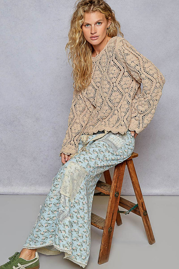 Open knitted crochet pullover sweater