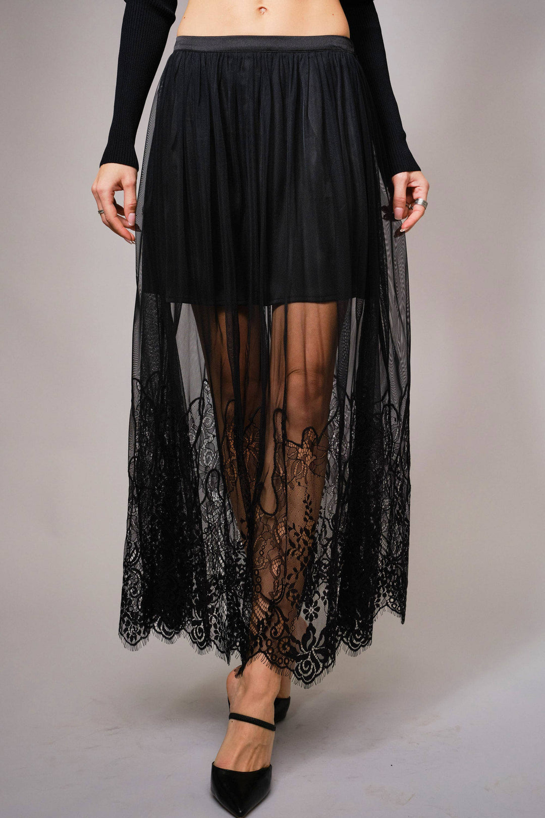 Sheer Mesh Lace Mini Lined Maxi Skirt