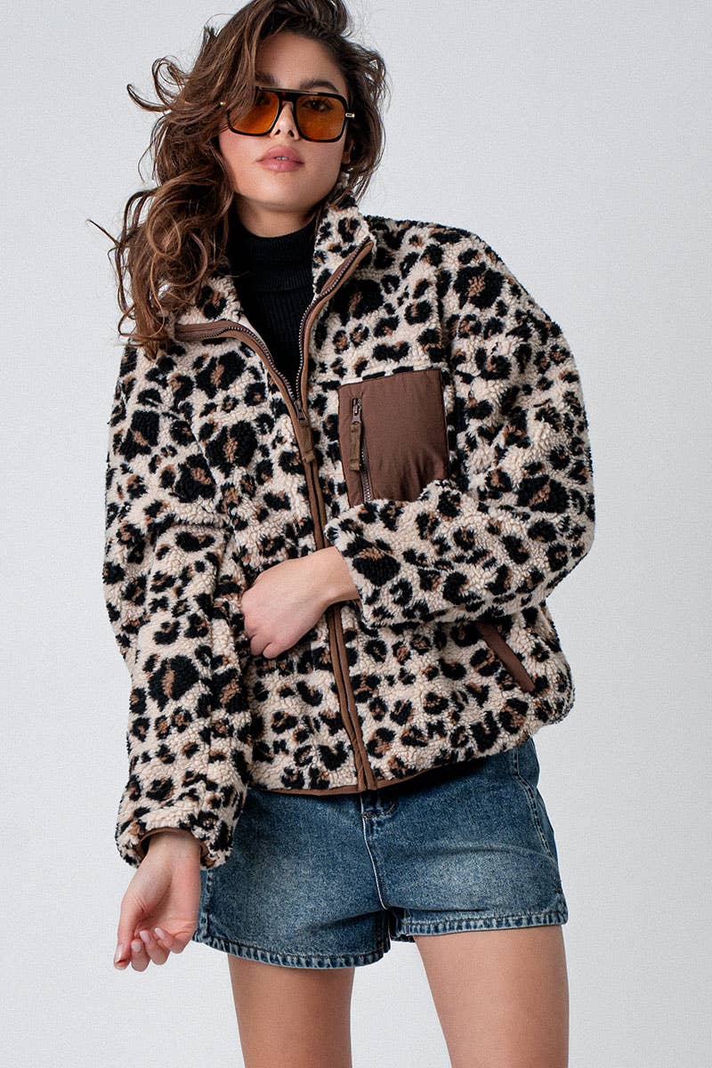 Animal Print Fleece Zip Up Jacket