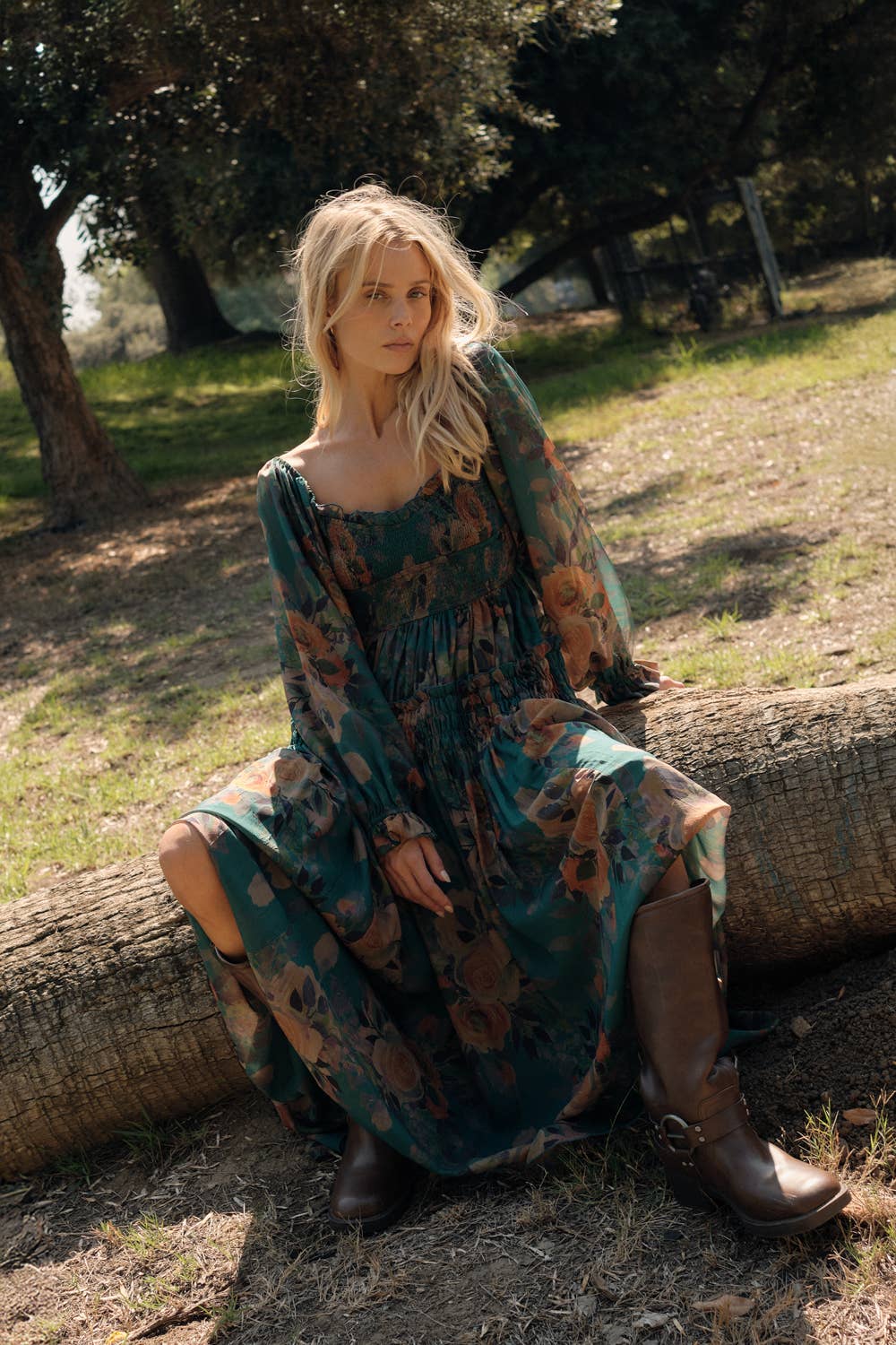 Floral-Print Smocked Bubble Sleeve Maxi Dress