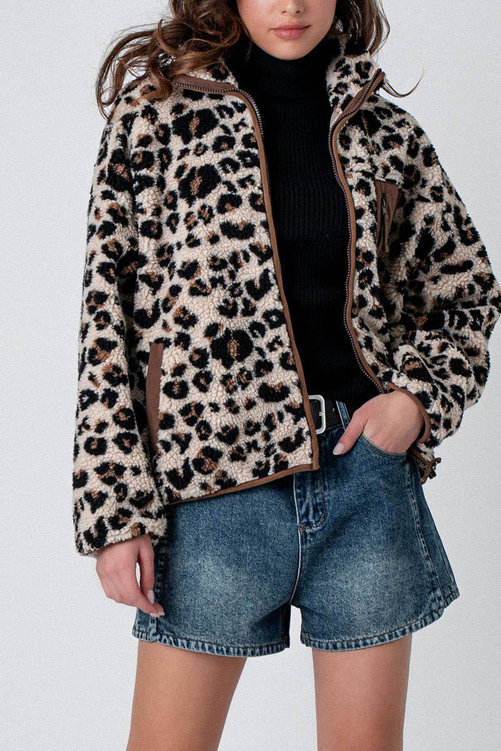 Animal Print Fleece Zip Up Jacket