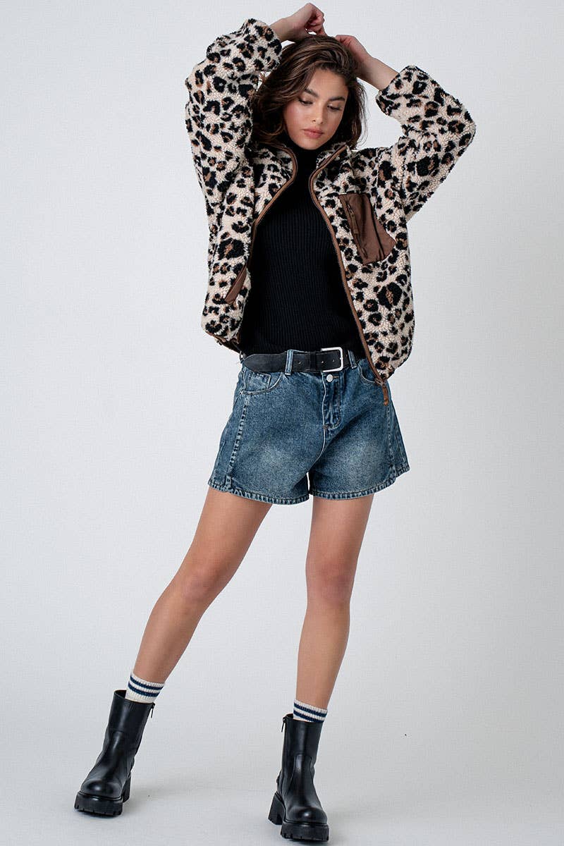 Animal Print Fleece Zip Up Jacket