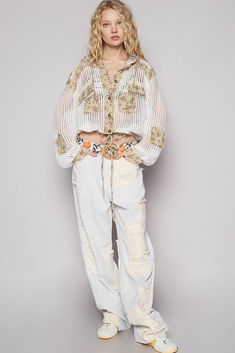 Vintage washed floral print patch crochet jacket