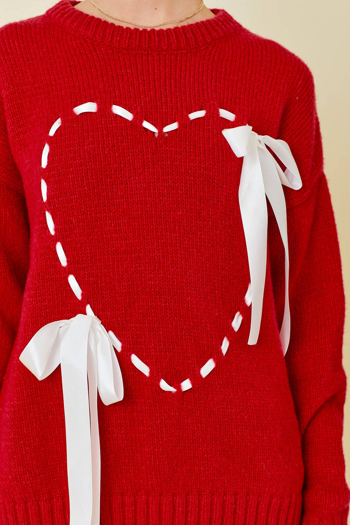 Sweater Top With Heart Detail Ribbon Bow tie