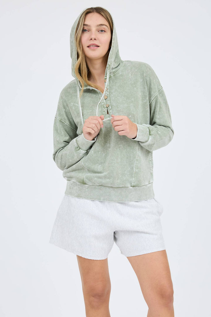 WASHED HOODED HENLEY KNIT SWEATER