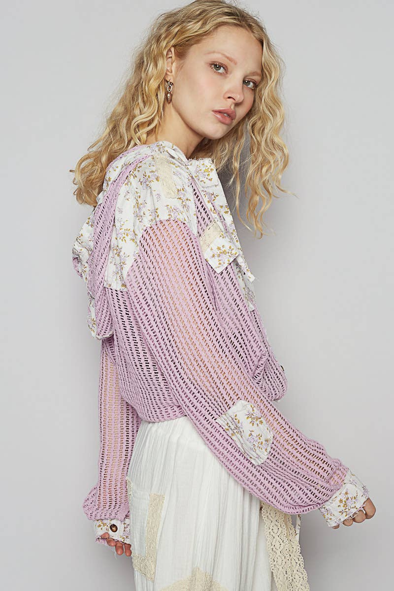 Vintage washed floral print patch crochet jacket