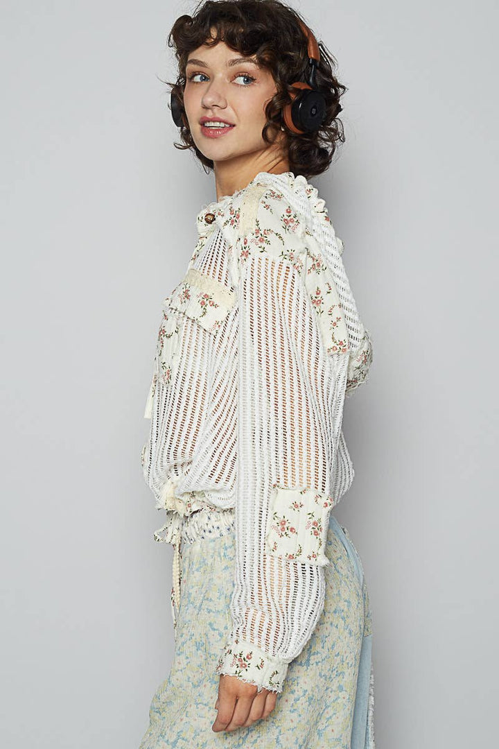 Vintage washed floral print patch crochet jacket