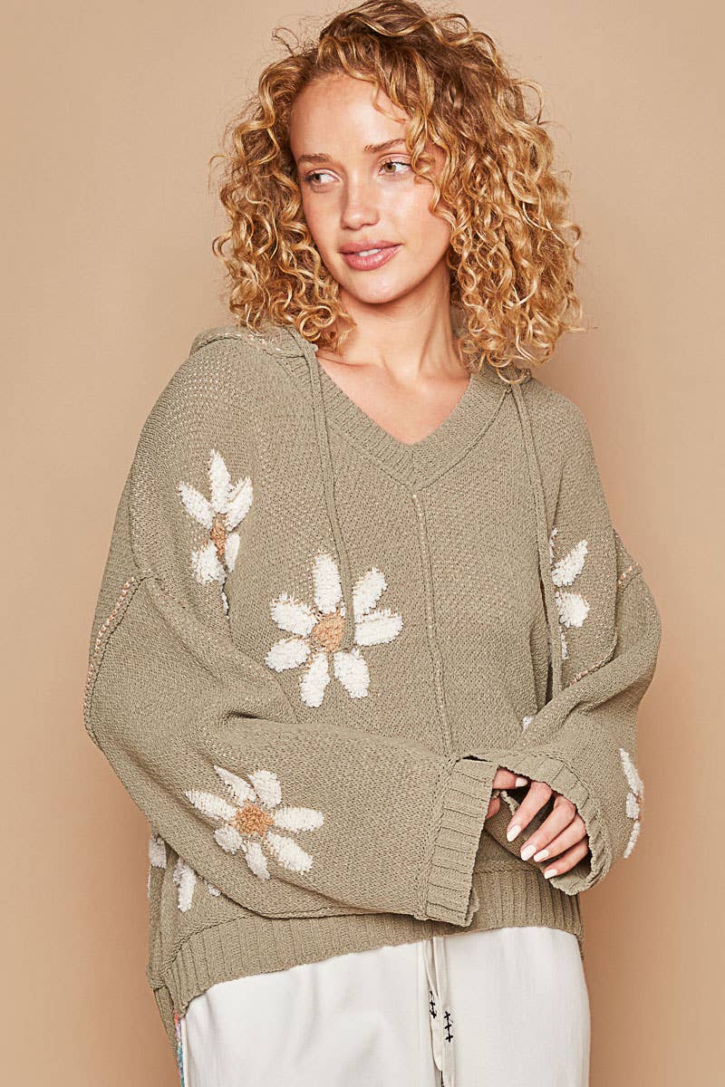 Hooded v-neck floral pattern ribbed openings sweater SALE