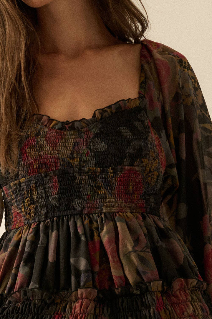 Floral-Print Smocked Bubble Sleeve Maxi Dress