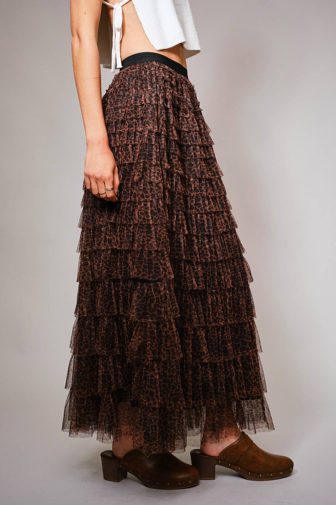 33131S - High Waist Elastic Tiered Ruffle A-Line Maxi Skirt