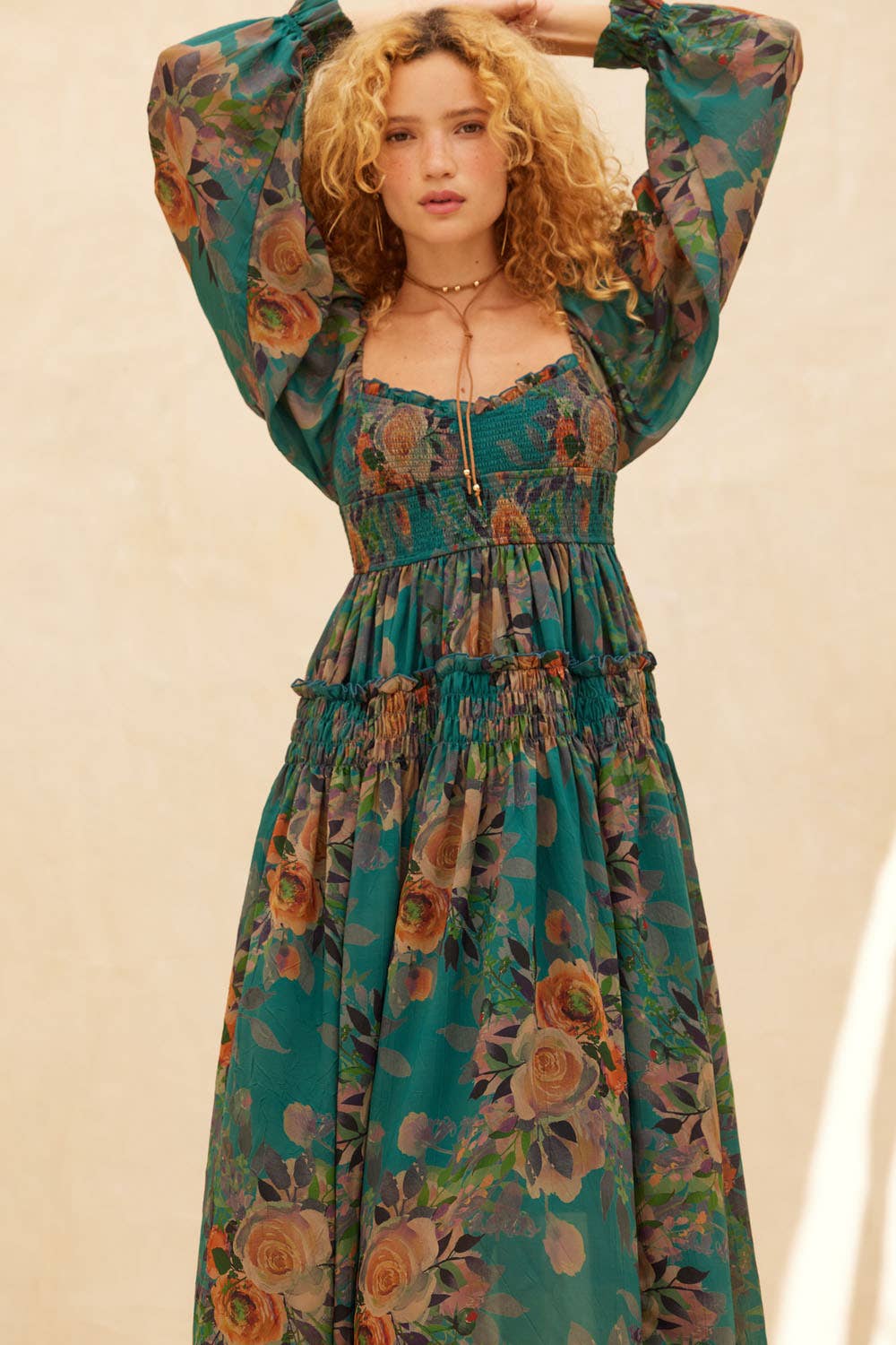 Floral-Print Smocked Bubble Sleeve Maxi Dress