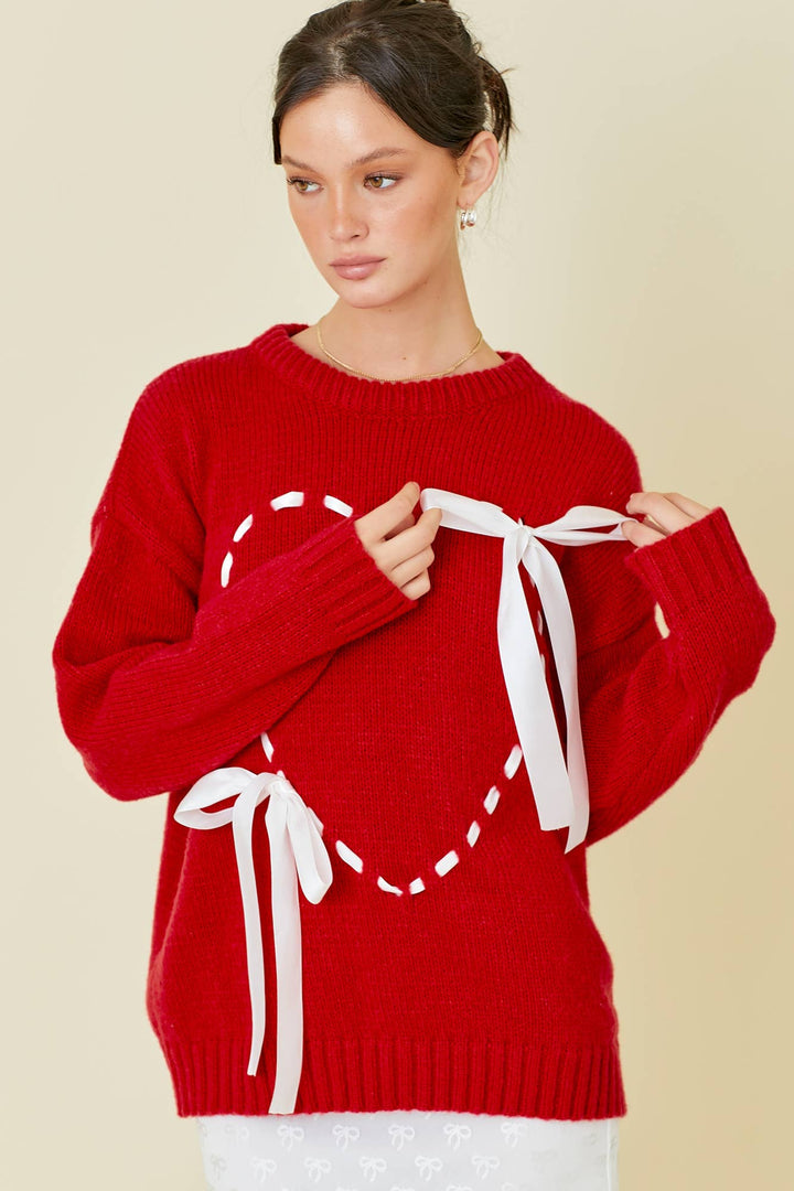 Sweater Top With Heart Detail Ribbon Bow tie