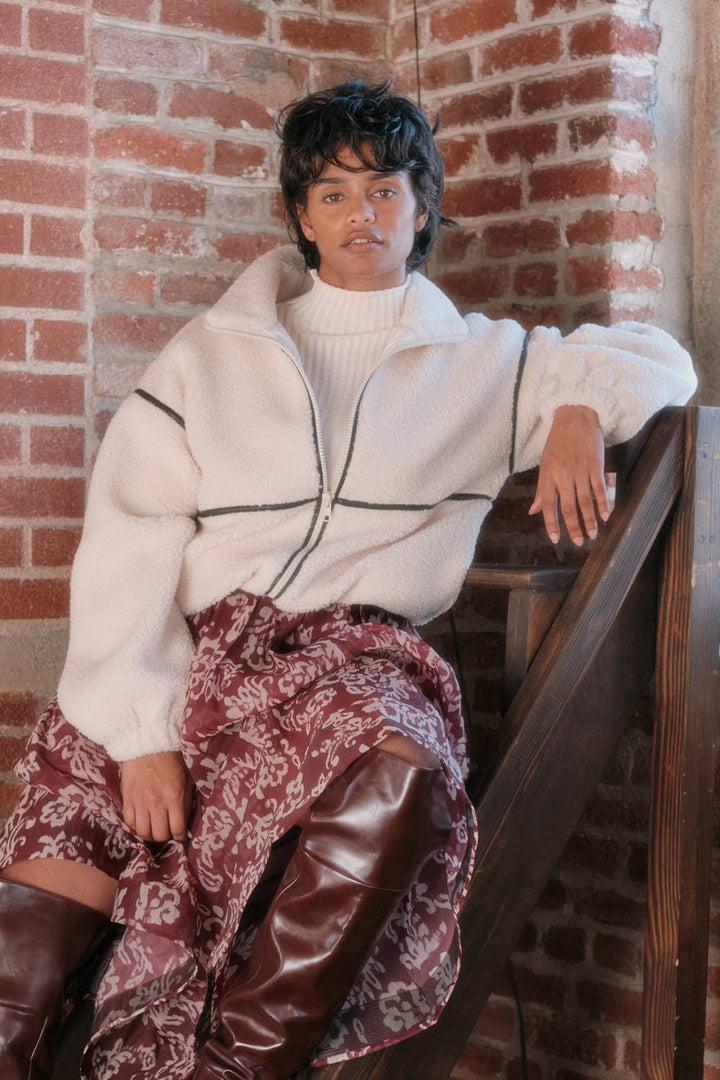 Faux Leather-Trimmed Sherpa Fleece Zip-Up Jacket