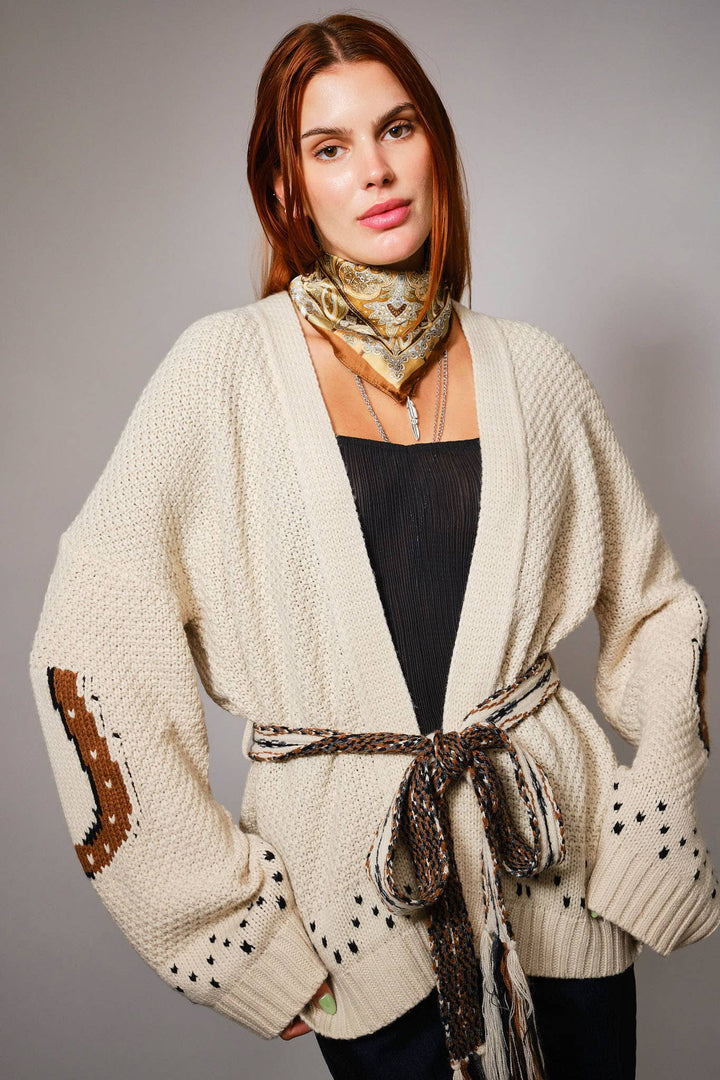 52126W - Western Horse Belted Cardigan Sweater