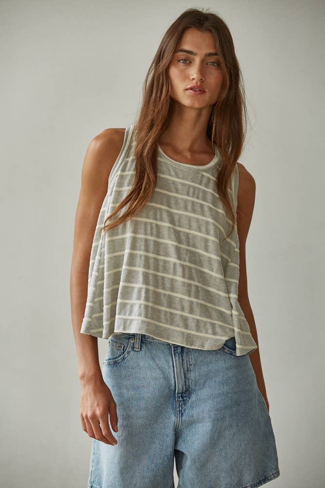 RJ3521 | Knit Striped Round Neck Sleeveless Tank Top