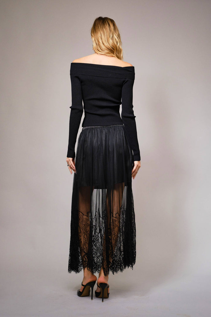 Sheer Mesh Lace Mini Lined Maxi Skirt