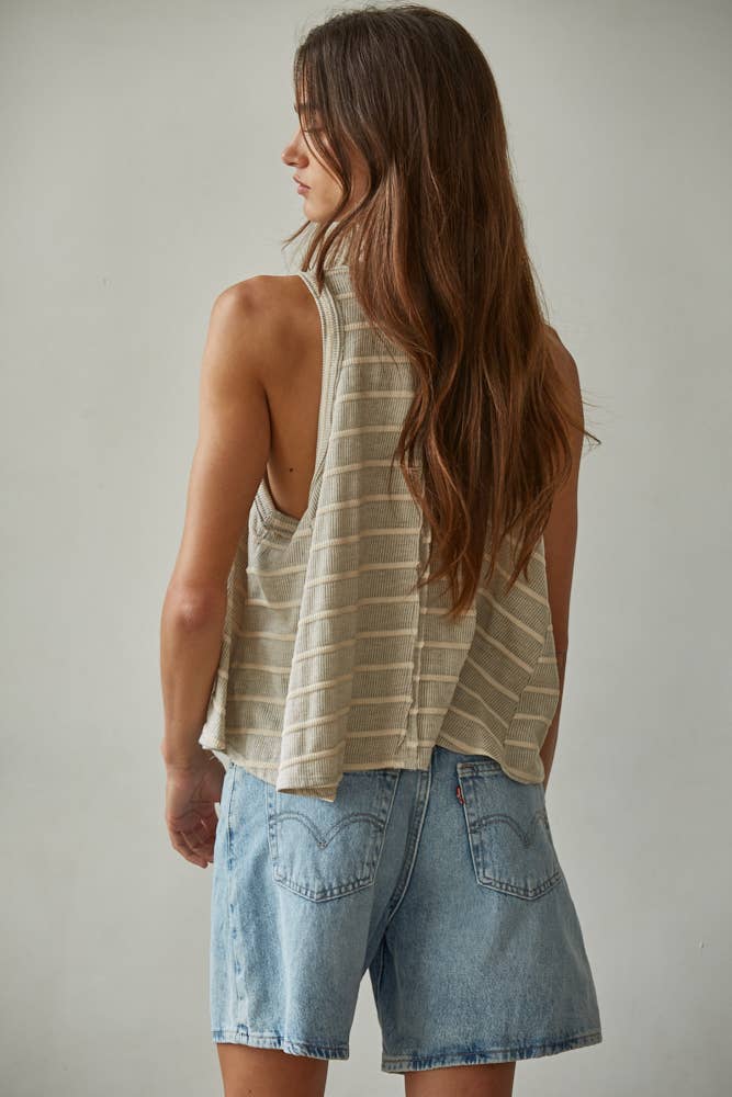 RJ3521 | Knit Striped Round Neck Sleeveless Tank Top