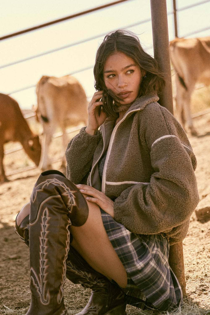 Faux Leather-Trimmed Sherpa Fleece Zip-Up Jacket