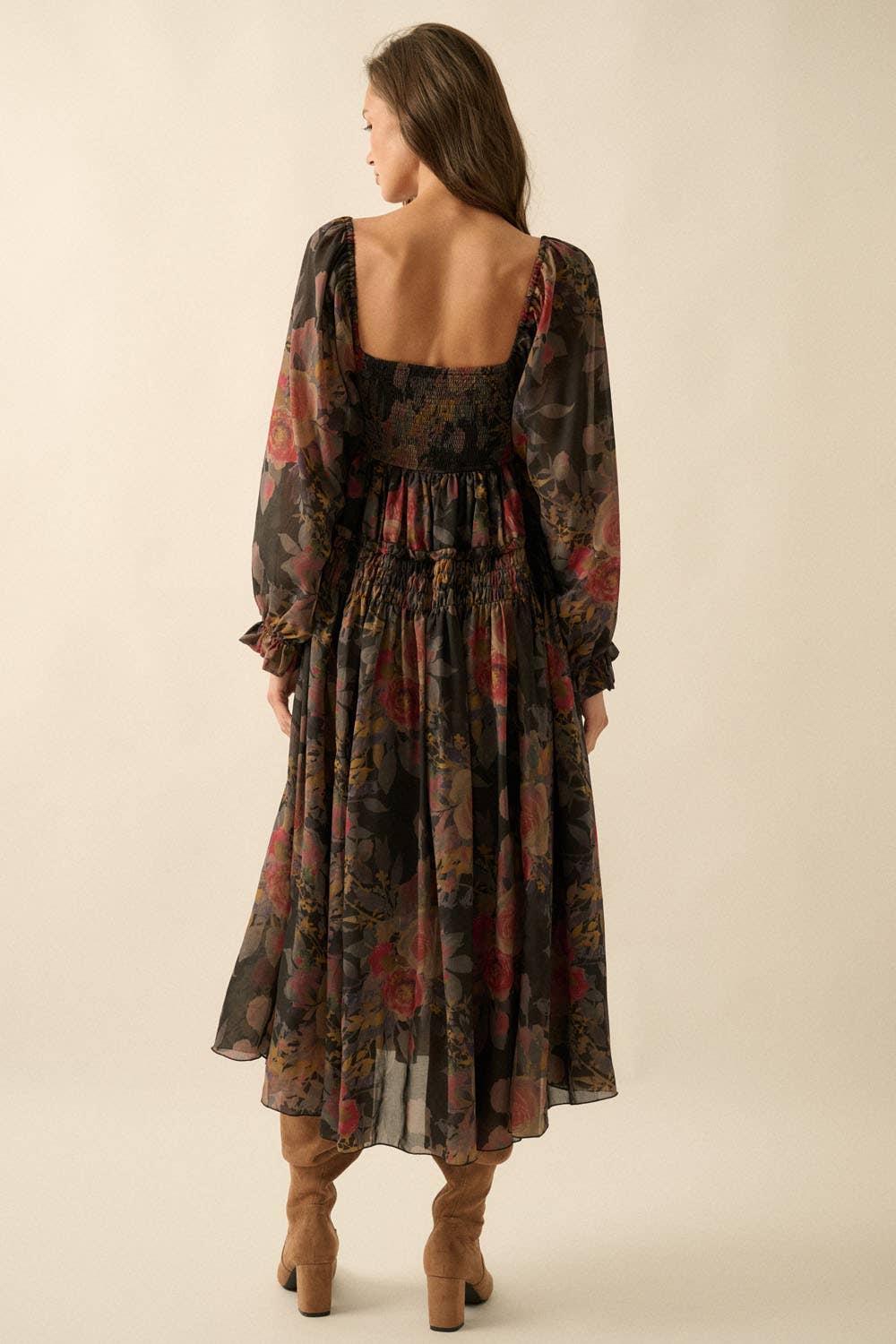 Floral-Print Smocked Bubble Sleeve Maxi Dress
