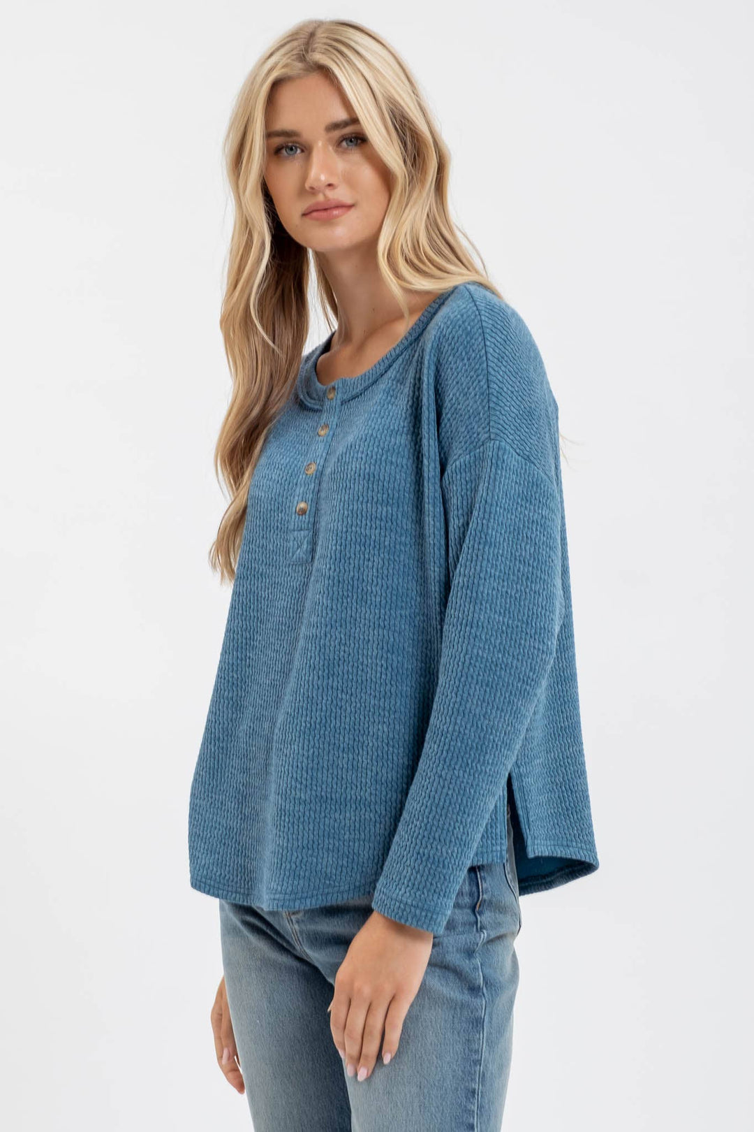 WAFFLE KNIT HENLEY LONG SLEEVE KNIT TOP