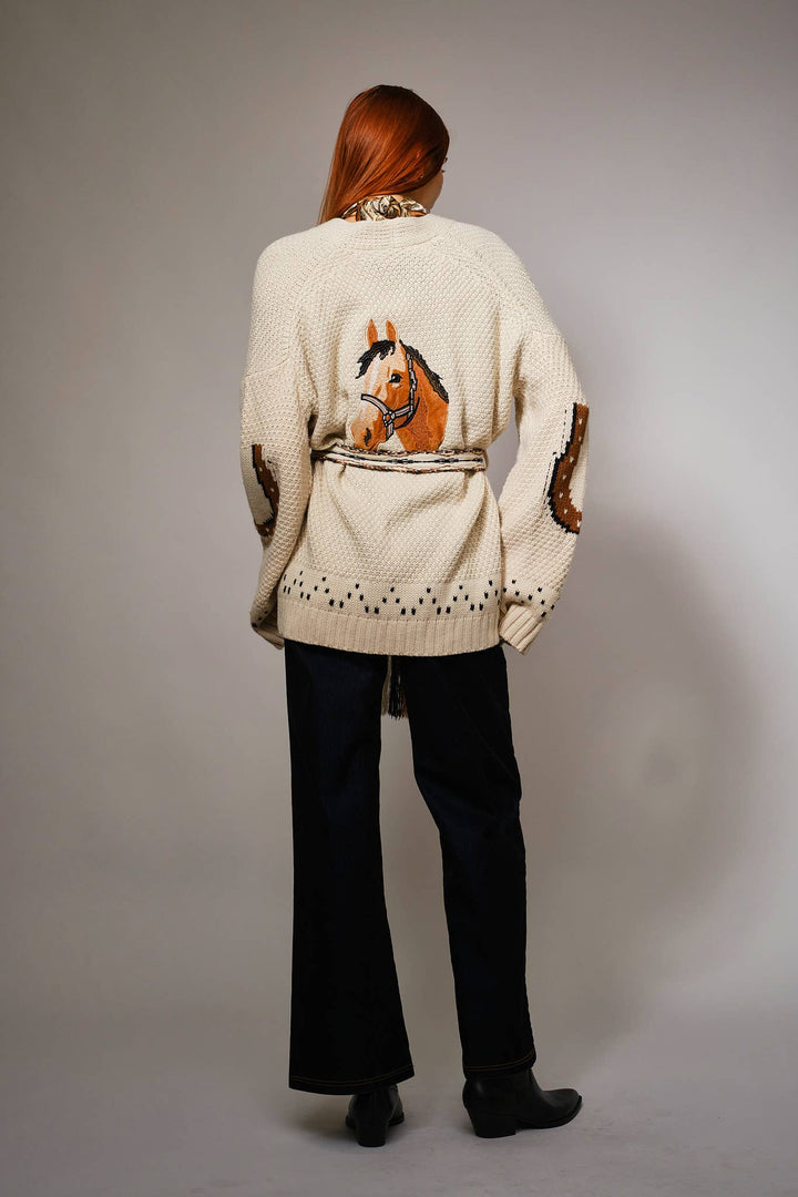 52126W - Western Horse Belted Cardigan Sweater