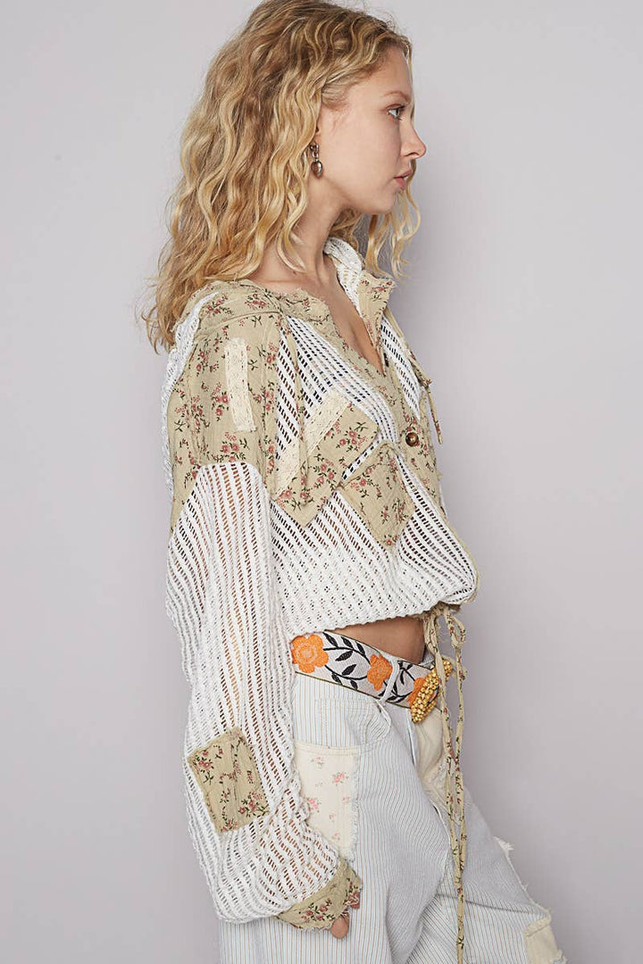 Vintage washed floral print patch crochet jacket