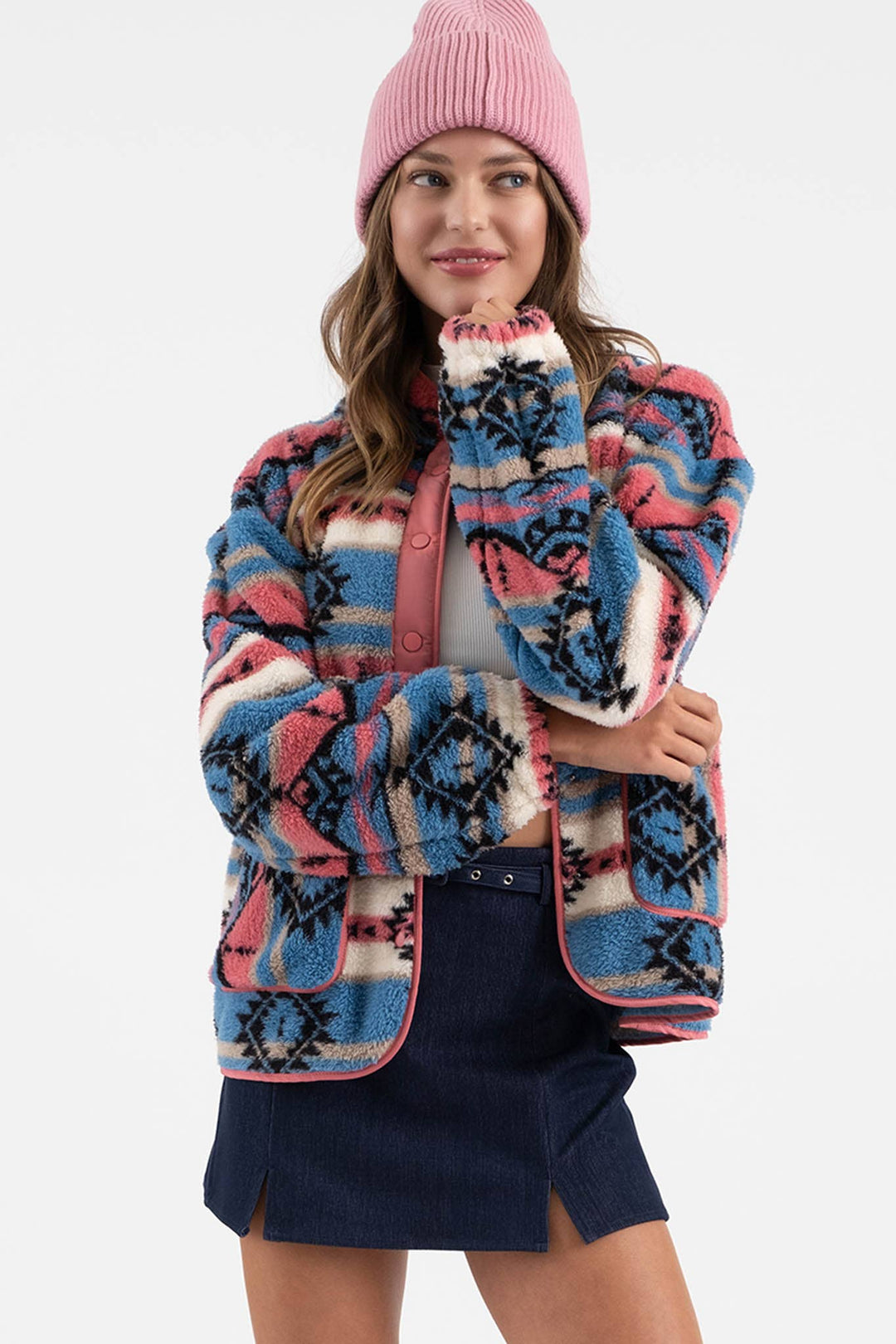 TRIBAL PRINT FLEECE JACKET