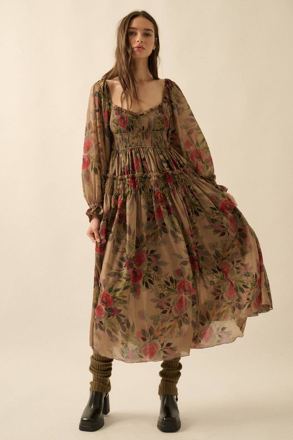 Floral-Print Smocked Bubble Sleeve Maxi Dress