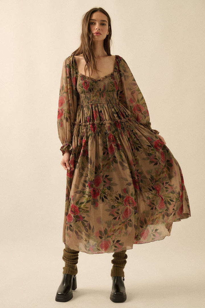 Floral-Print Smocked Bubble Sleeve Maxi Dress