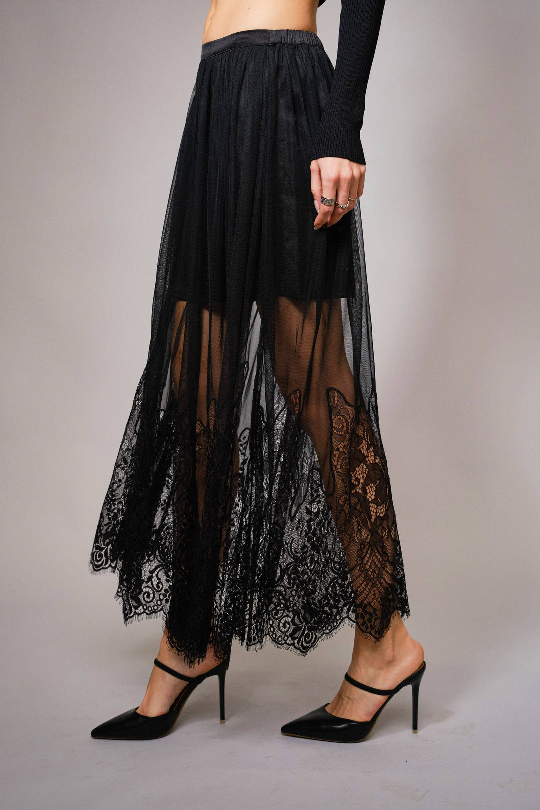 Sheer Mesh Lace Mini Lined Maxi Skirt