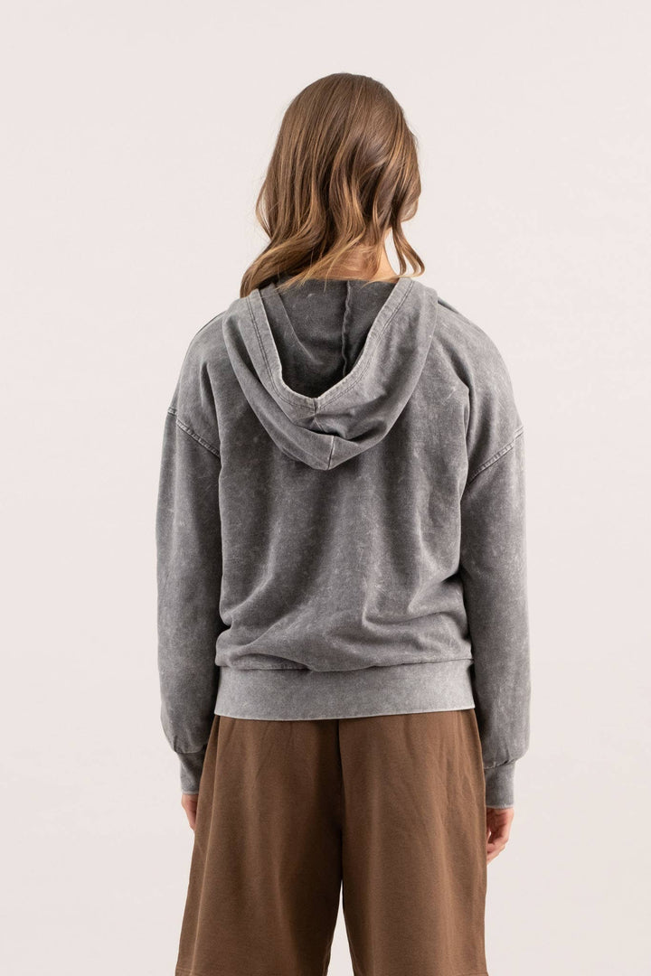 WASHED HOODED HENLEY KNIT SWEATER