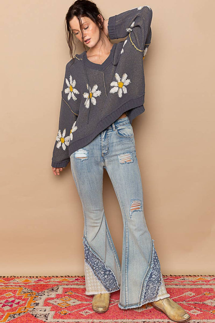 Hooded v-neck floral pattern ribbed openings sweater SALE