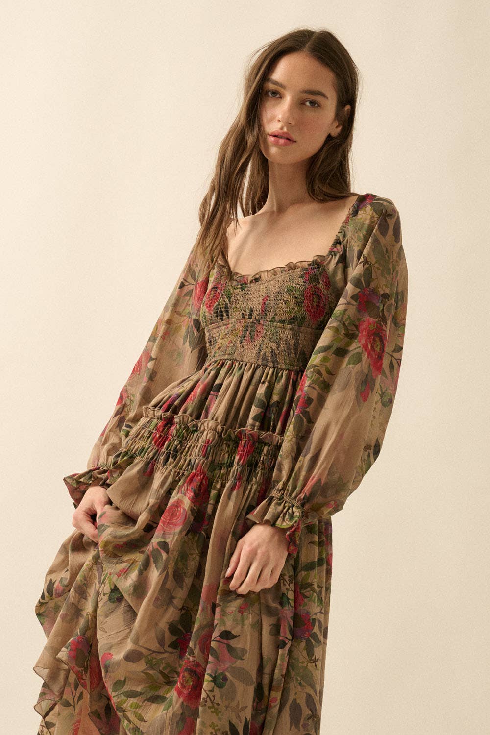 Floral-Print Smocked Bubble Sleeve Maxi Dress
