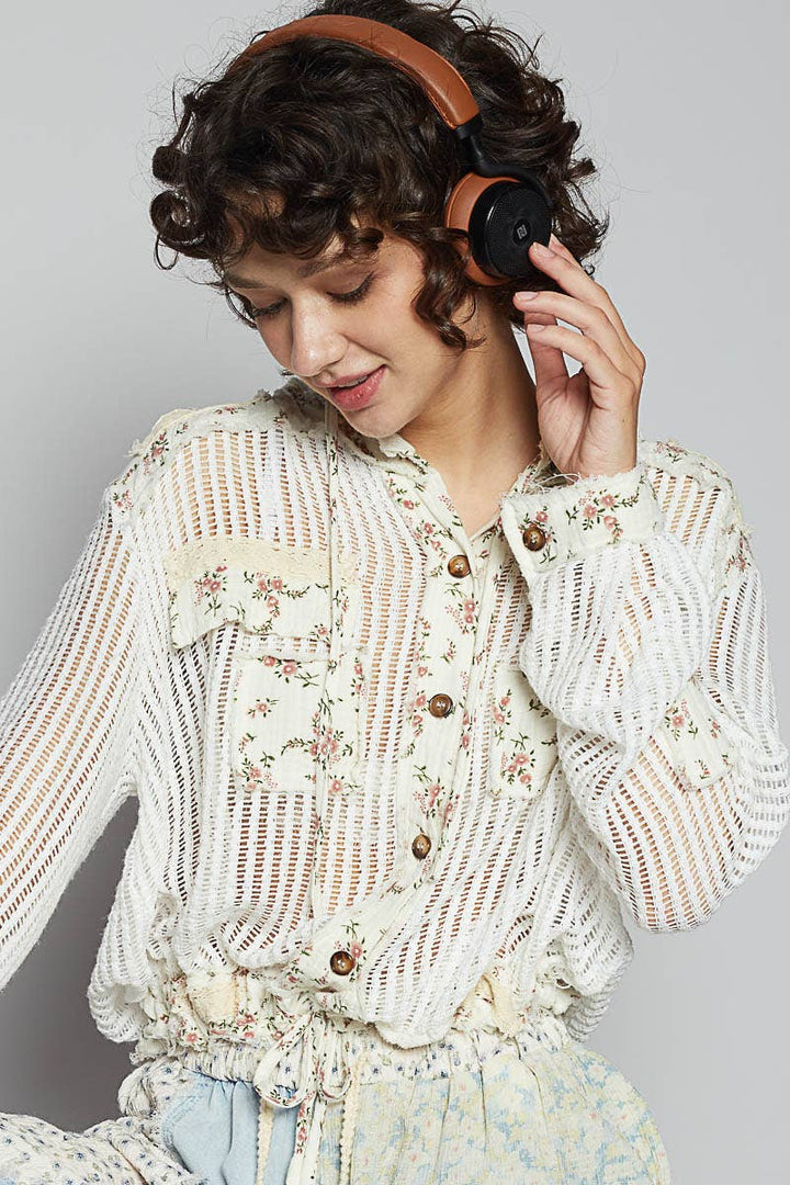 Vintage washed floral print patch crochet jacket