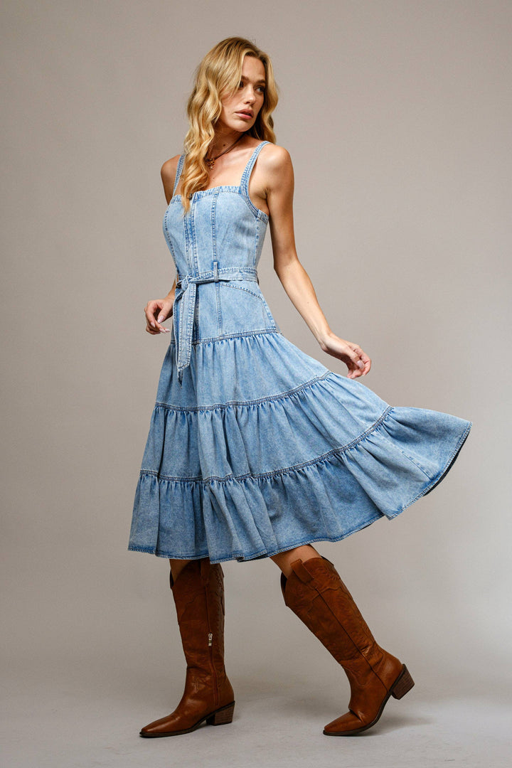 23352D - Garment Washed Tiered Zip Midi Dress