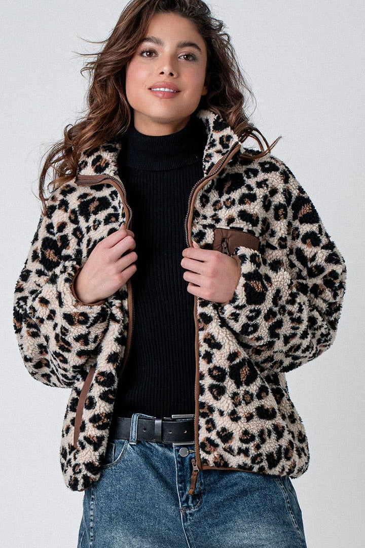 Animal Print Fleece Zip Up Jacket