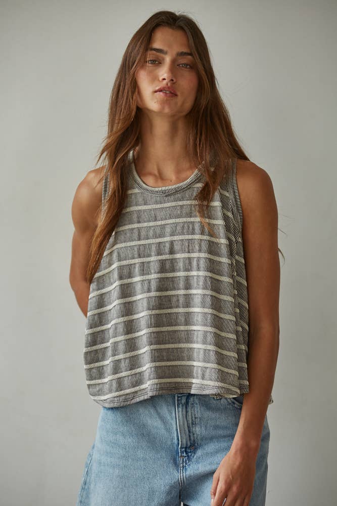 RJ3521 | Knit Striped Round Neck Sleeveless Tank Top