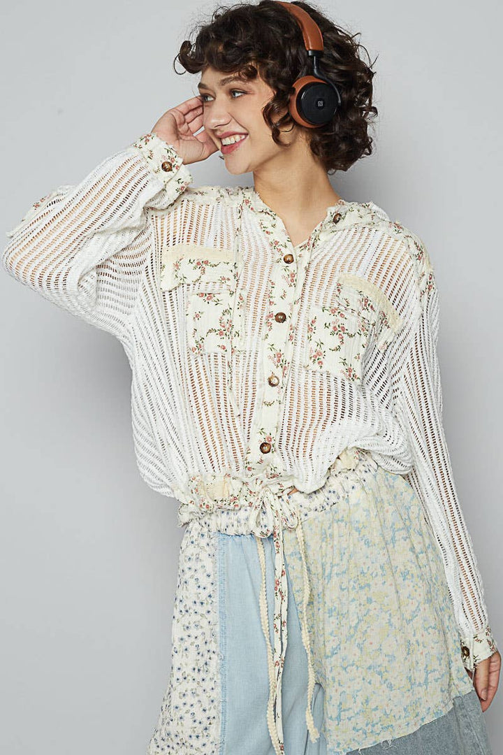 Vintage washed floral print patch crochet jacket