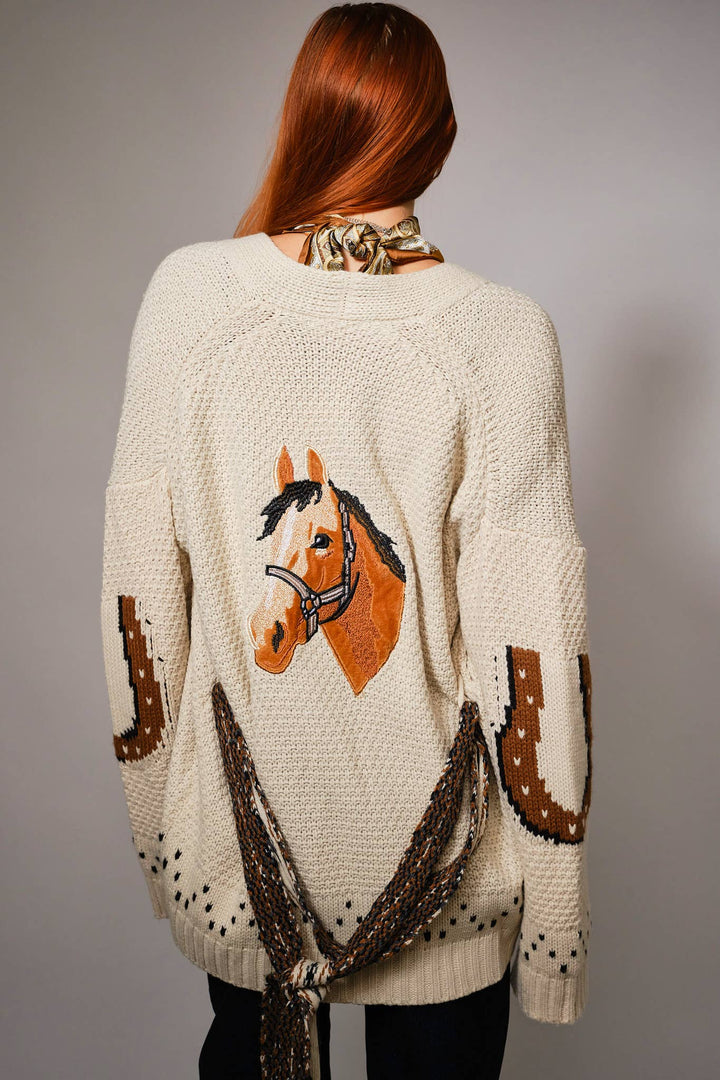 52126W - Western Horse Belted Cardigan Sweater