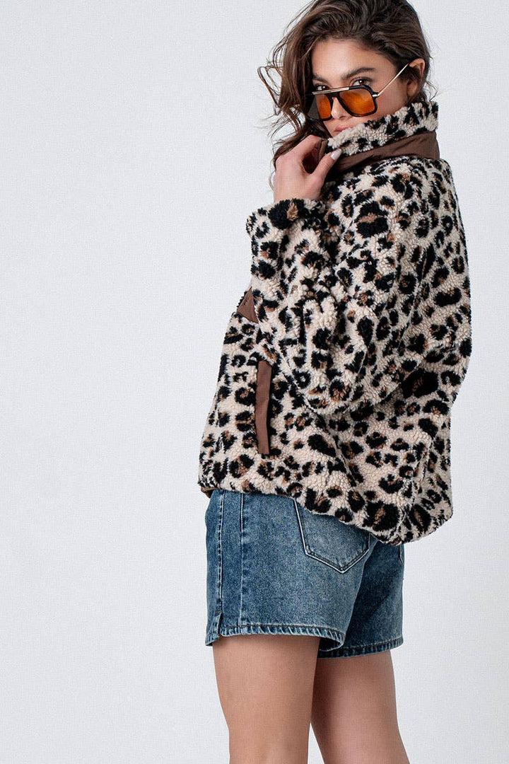 Animal Print Fleece Zip Up Jacket