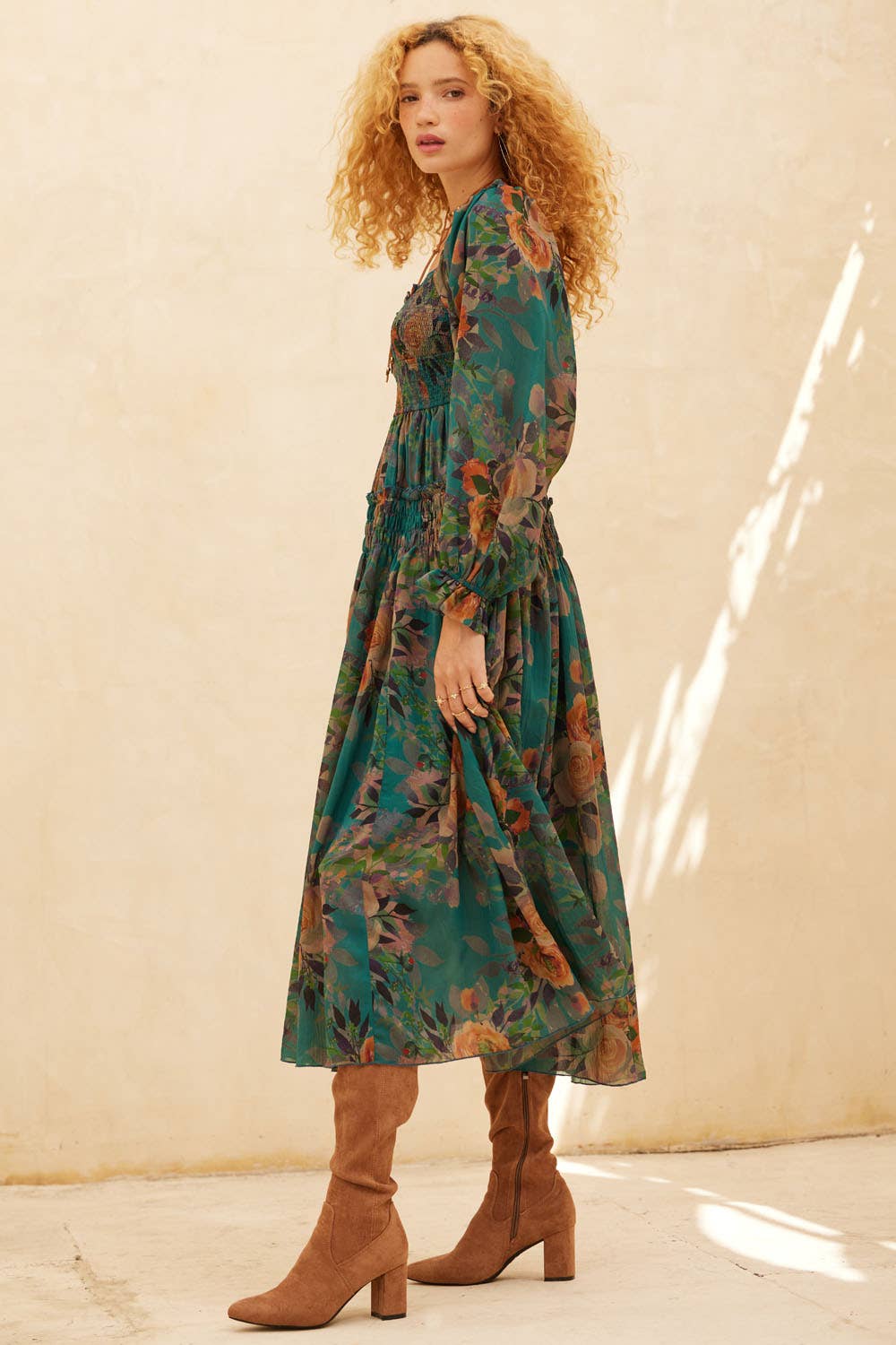 Floral-Print Smocked Bubble Sleeve Maxi Dress