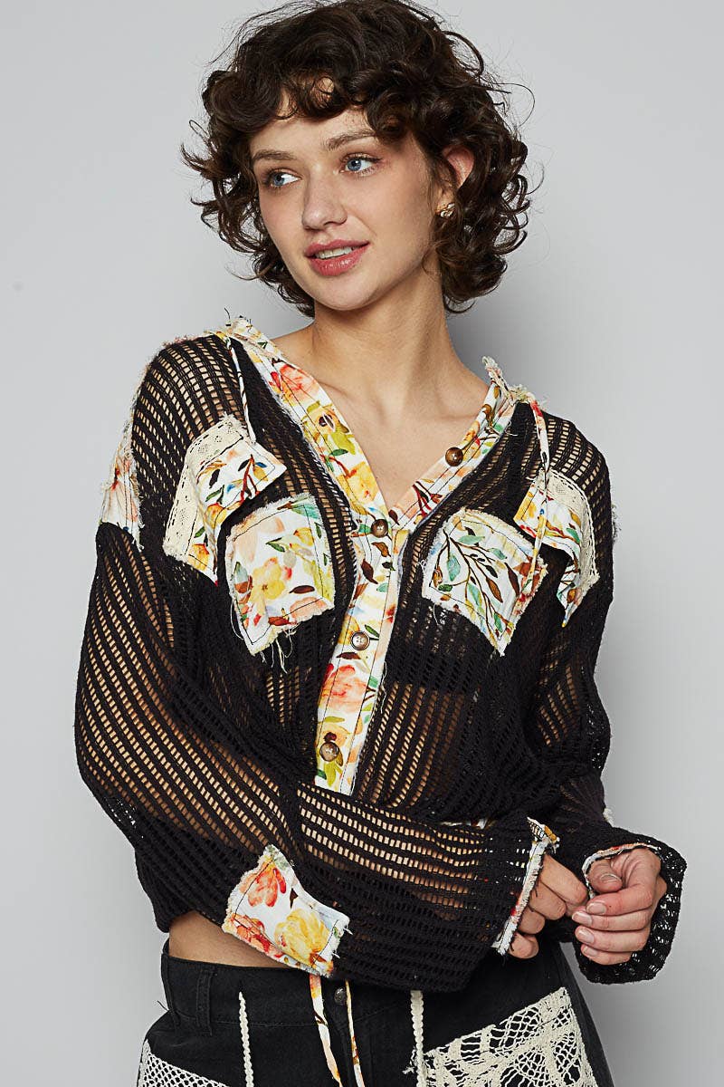 Vintage washed floral print patch crochet jacket