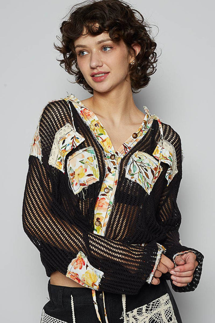 Vintage washed floral print patch crochet jacket